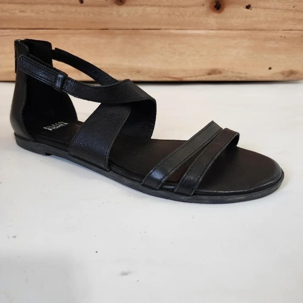 Eileen Fisher Cici Black Strappy leather Open Toe sandal Summer Vacation Casual